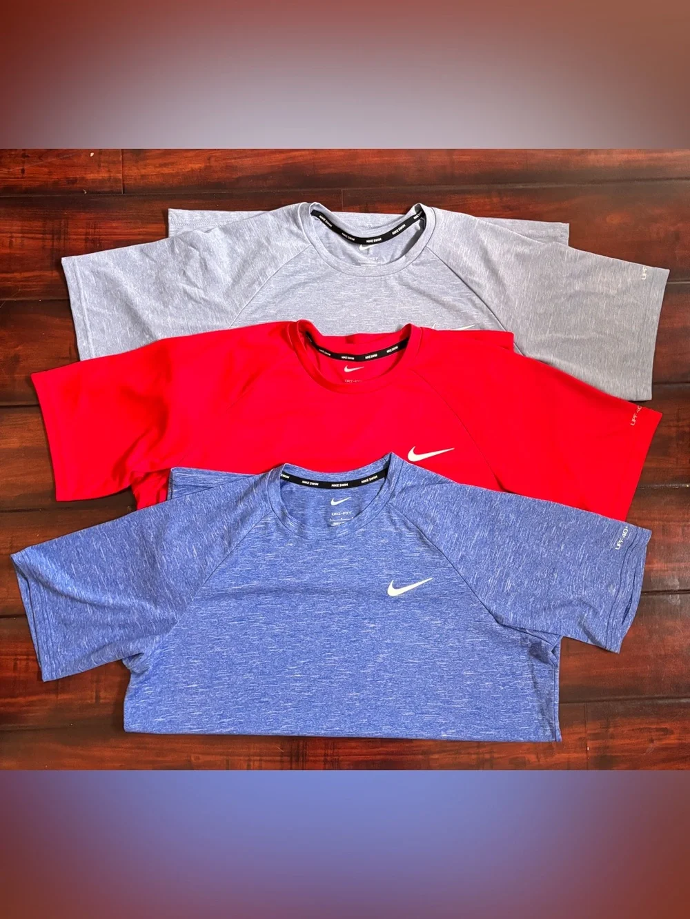 Nike Mens Short Sleeve swim Tee Trio - Red, Blue, Light Gray blue